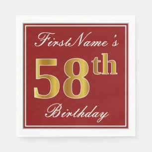 Elegant Red, Faux Gold 58th Birthday + Custom Name Napkin
