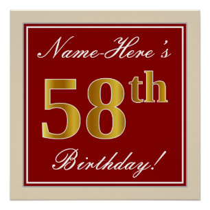 Elegant, Red, Faux Gold 58th Birthday; Custom Name Poster