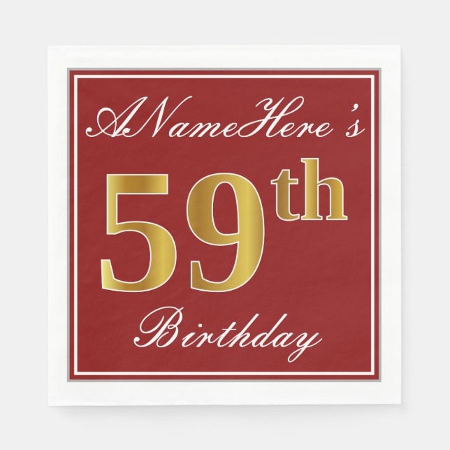 Elegant Red, Faux Gold 59th Birthday + Custom Name Napkin (Front)
