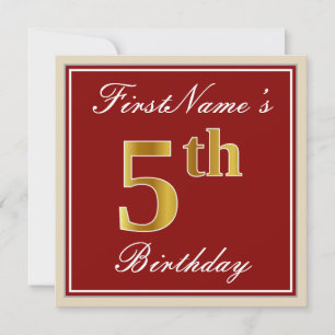 Elegant, Red, Faux Gold 5th Birthday + Custom Name Invitation