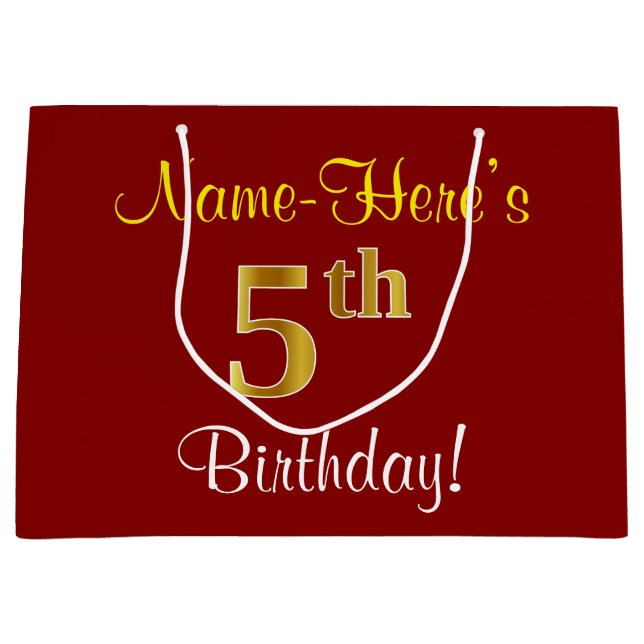 Elegant, Red, Faux Gold 5th Birthday + Custom Name Large Gift Bag (Front)