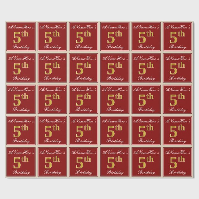 Elegant, Red, Faux Gold 5th Birthday + Custom Name Wrapping Paper (Flat)