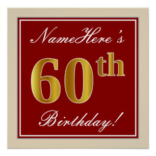 Elegant, Red, Faux Gold 60th Birthday; Custom Name Poster