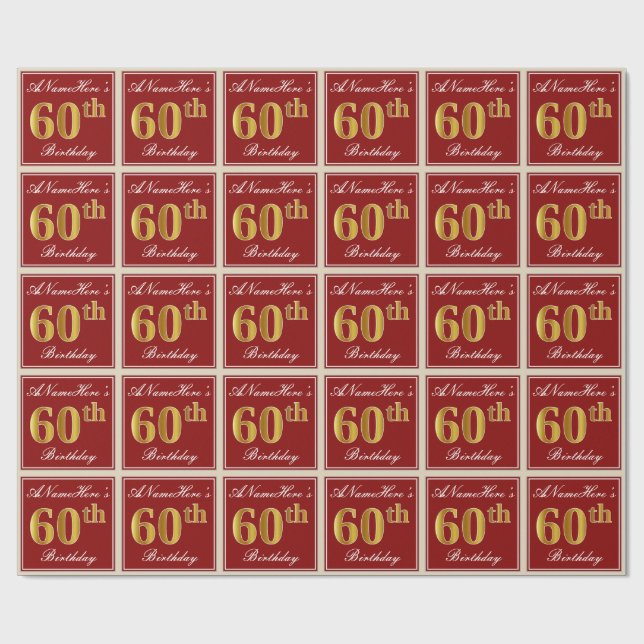 Elegant, Red, Faux Gold 60th Birthday; Custom Name Wrapping Paper (Flat)