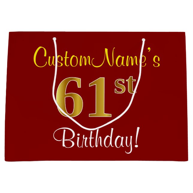 Elegant, Red, Faux Gold 61st Birthday; Custom Name Large Gift Bag (Front)