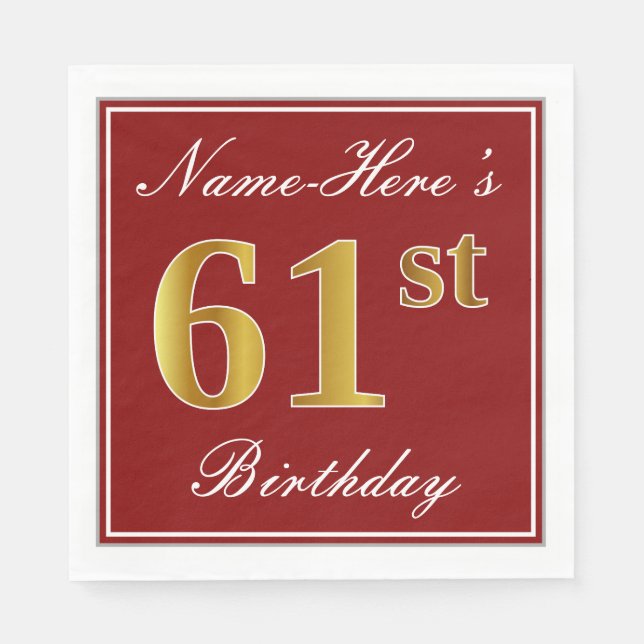 Elegant Red, Faux Gold 61st Birthday + Custom Name Napkin (Front)