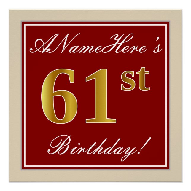Elegant, Red, Faux Gold 61st Birthday; Custom Name Poster (Front)