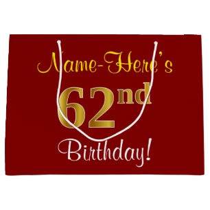 Elegant, Red, Faux Gold 62nd Birthday; Custom Name Large Gift Bag