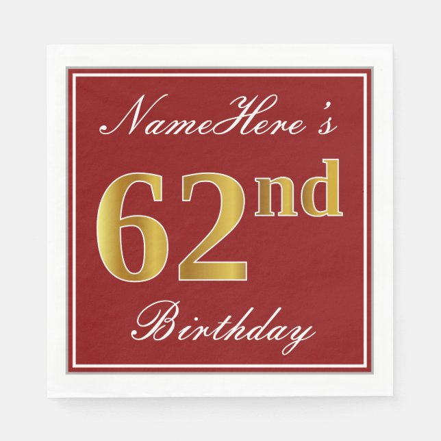 Elegant Red, Faux Gold 62nd Birthday + Custom Name Napkin (Front)