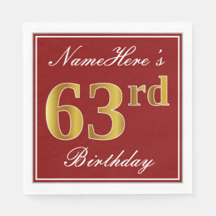Elegant Red, Faux Gold 63rd Birthday + Custom Name Napkin