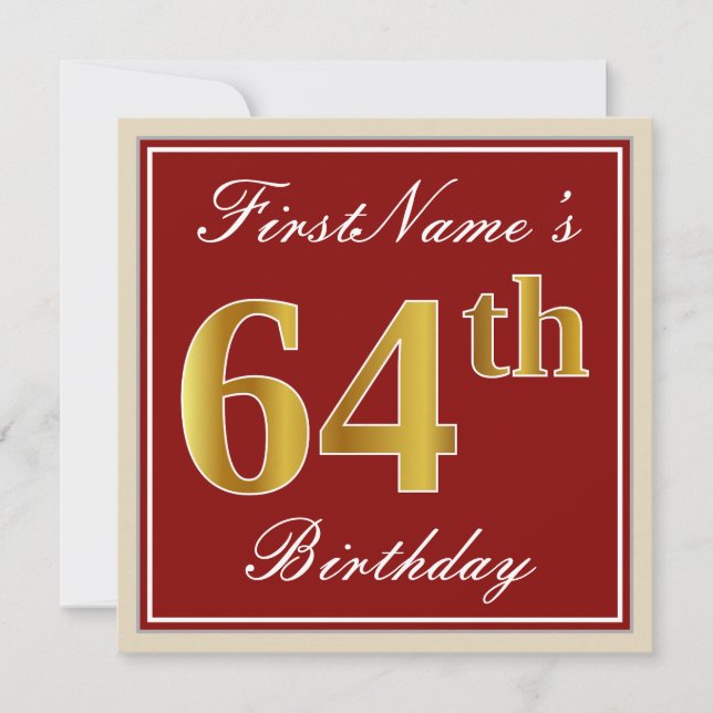 Elegant, Red, Faux Gold 64th Birthday; Custom Name Invitation (Front)