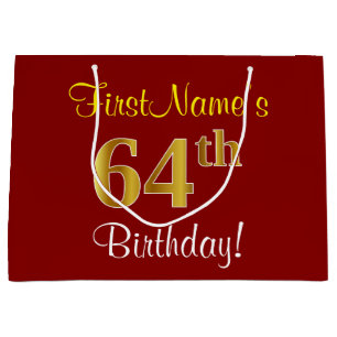 Elegant, Red, Faux Gold 64th Birthday; Custom Name Large Gift Bag