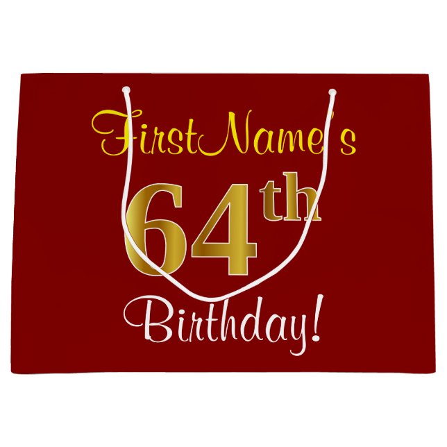 Elegant, Red, Faux Gold 64th Birthday; Custom Name Large Gift Bag (Front)
