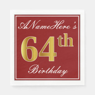 Elegant Red, Faux Gold 64th Birthday + Custom Name Napkin