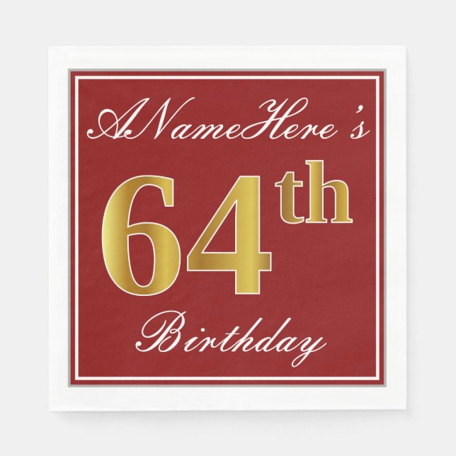 Elegant Red, Faux Gold 64th Birthday + Custom Name Napkin (Front)