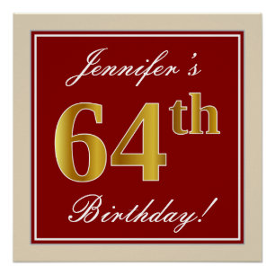Elegant, Red, Faux Gold 64th Birthday; Custom Name Poster