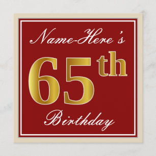 Elegant, Red, Faux Gold 65th Birthday; Custom Name Invitation