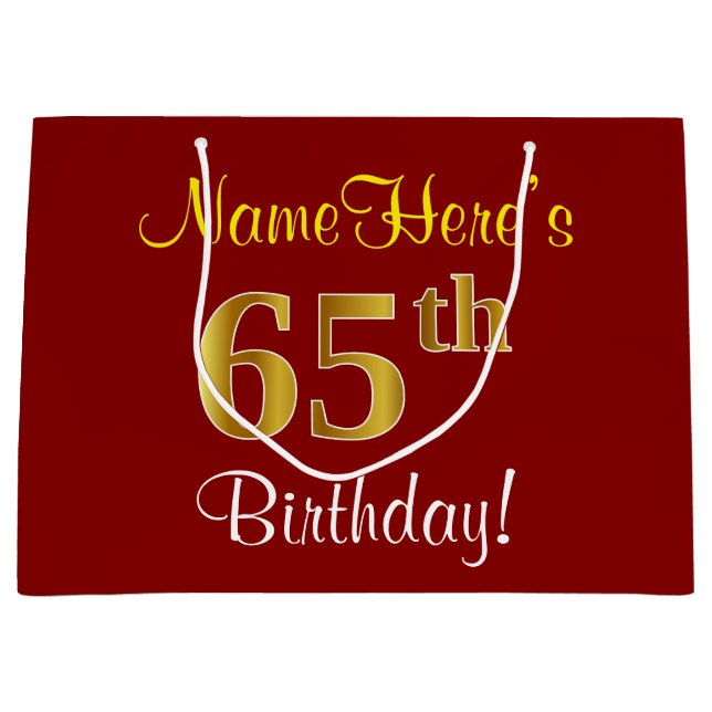 Elegant, Red, Faux Gold 65th Birthday; Custom Name Large Gift Bag (Front)
