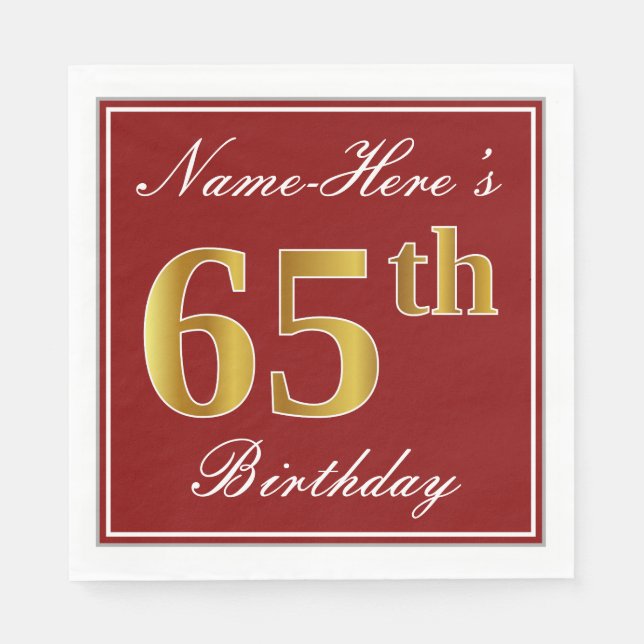 Elegant Red, Faux Gold 65th Birthday + Custom Name Napkin (Front)