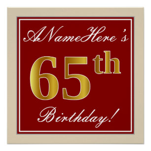 Elegant, Red, Faux Gold 65th Birthday; Custom Name Poster