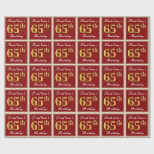 Elegant, Red, Faux Gold 65th Birthday; Custom Name Wrapping Paper