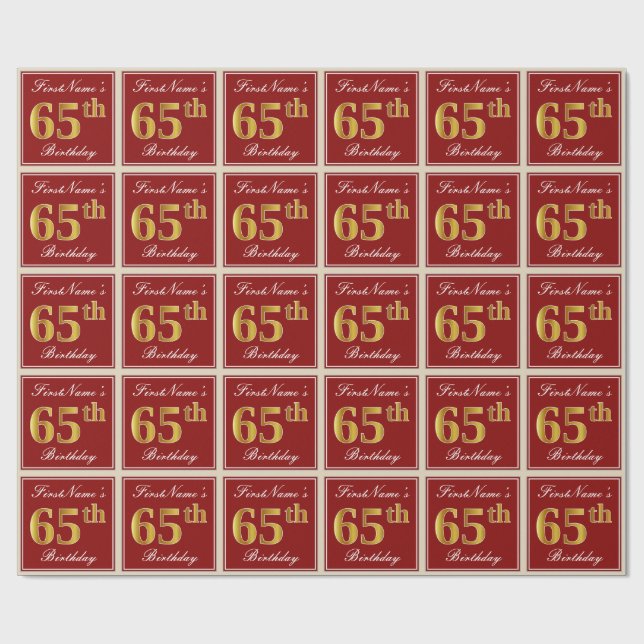 Elegant, Red, Faux Gold 65th Birthday; Custom Name Wrapping Paper (Flat)