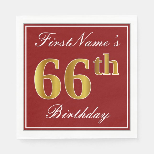 Elegant Red, Faux Gold 66th Birthday + Custom Name Napkin (Front)