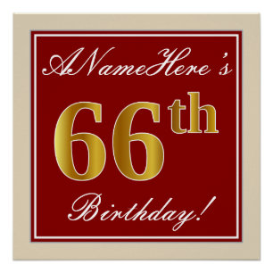Elegant, Red, Faux Gold 66th Birthday; Custom Name Poster