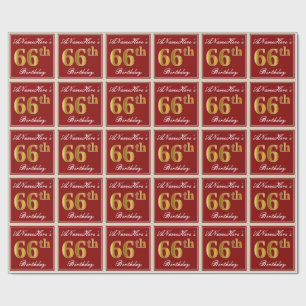 Elegant, Red, Faux Gold 66th Birthday; Custom Name Wrapping Paper