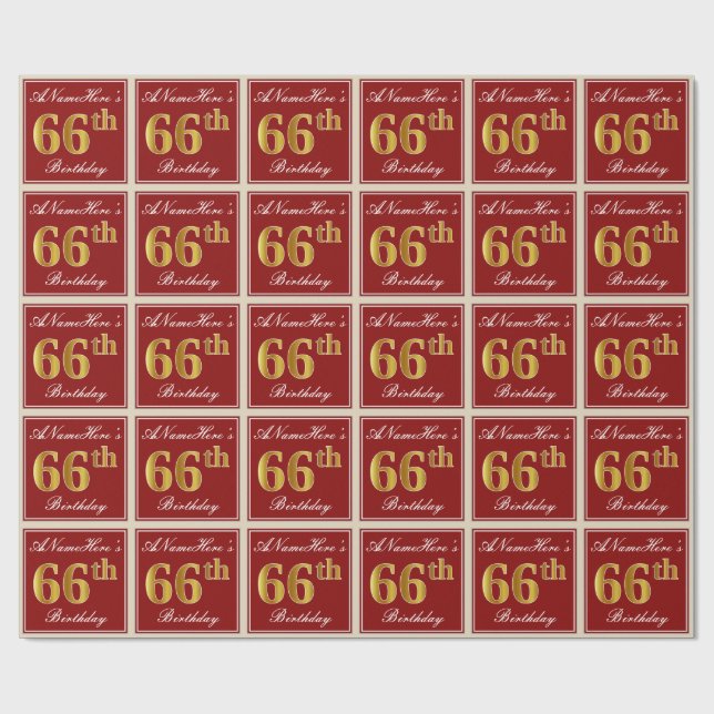 Elegant, Red, Faux Gold 66th Birthday; Custom Name Wrapping Paper (Flat)