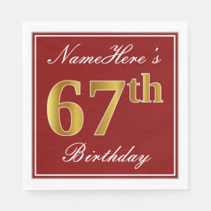 Elegant Red, Faux Gold 67th Birthday + Custom Name Napkin