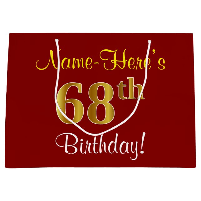 Elegant, Red, Faux Gold 68th Birthday; Custom Name Large Gift Bag (Front)