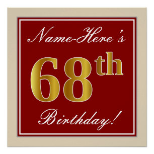 Elegant, Red, Faux Gold 68th Birthday; Custom Name Poster