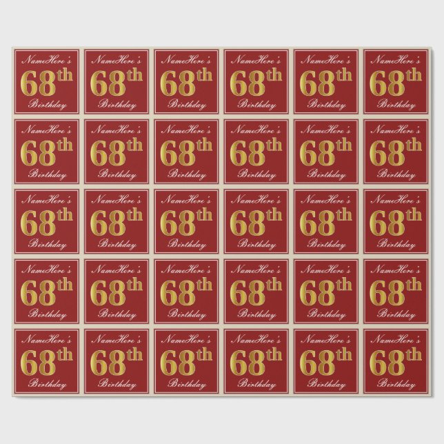 Elegant, Red, Faux Gold 68th Birthday; Custom Name Wrapping Paper (Flat)