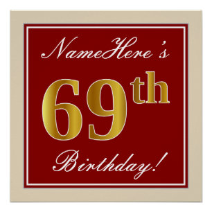 Elegant, Red, Faux Gold 69th Birthday; Custom Name Poster
