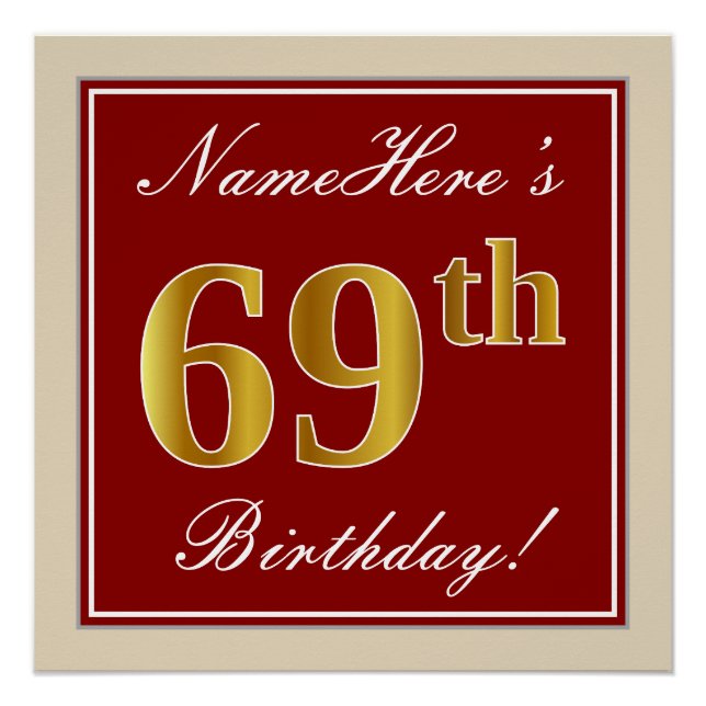 Elegant, Red, Faux Gold 69th Birthday; Custom Name Poster (Front)