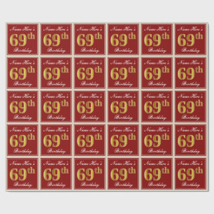 Elegant, Red, Faux Gold 69th Birthday; Custom Name Wrapping Paper
