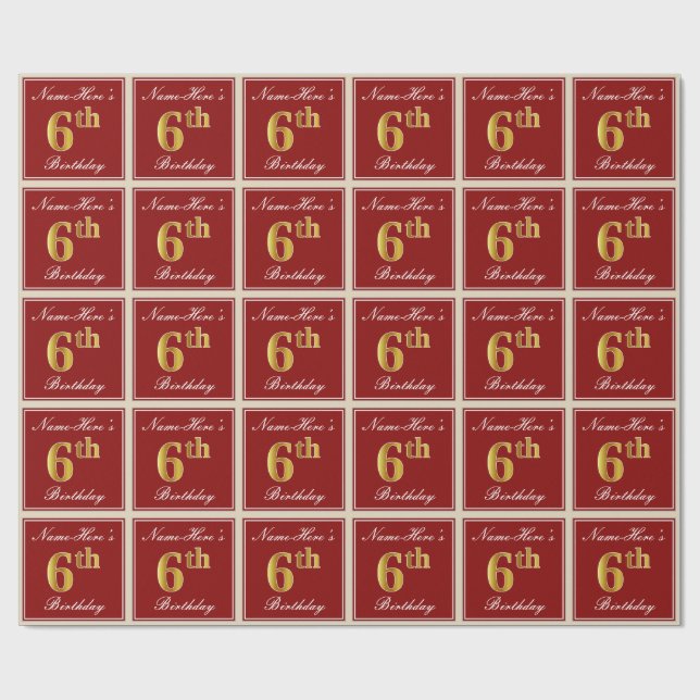 Elegant, Red, Faux Gold 6th Birthday + Custom Name Wrapping Paper (Flat)