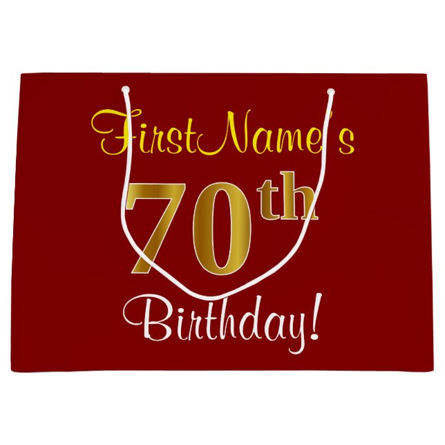 Elegant, Red, Faux Gold 70th Birthday; Custom Name Large Gift Bag (Front)