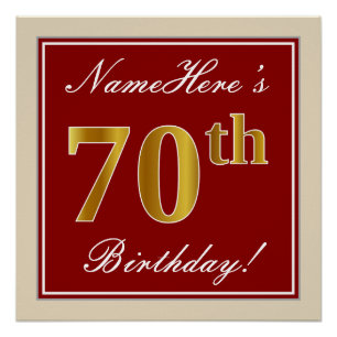 Elegant, Red, Faux Gold 70th Birthday; Custom Name Poster