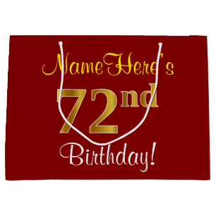 Elegant, Red, Faux Gold 72nd Birthday; Custom Name Large Gift Bag