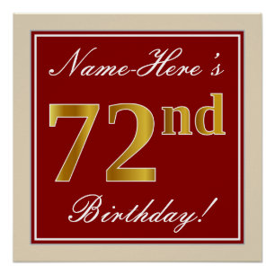 Elegant, Red, Faux Gold 72nd Birthday; Custom Name Poster