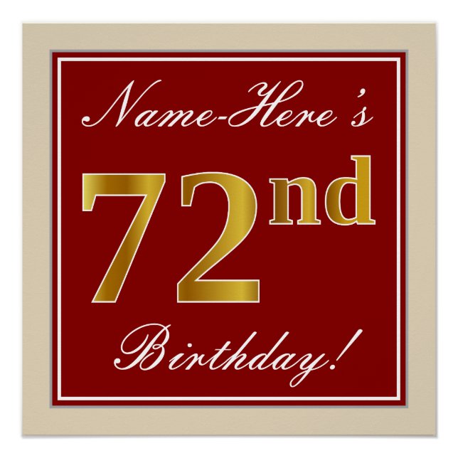Elegant, Red, Faux Gold 72nd Birthday; Custom Name Poster (Front)