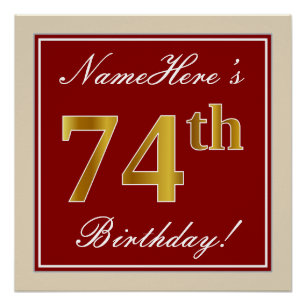 Elegant, Red, Faux Gold 74th Birthday; Custom Name Poster