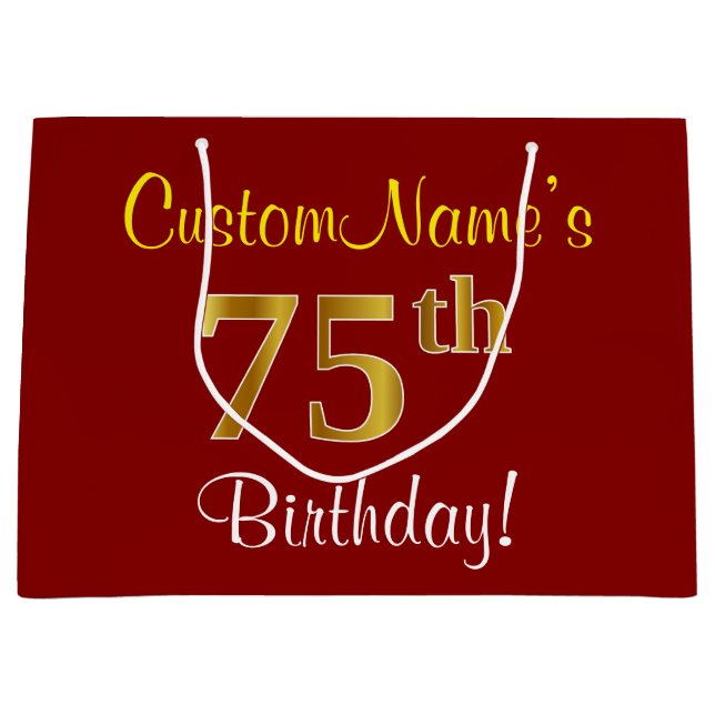 Elegant, Red, Faux Gold 75th Birthday; Custom Name Large Gift Bag (Front)
