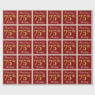 Elegant, Red, Faux Gold 75th Birthday; Custom Name Wrapping Paper