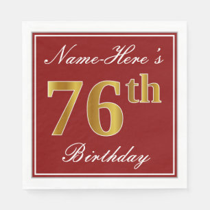 Elegant Red, Faux Gold 76th Birthday + Custom Name Napkin
