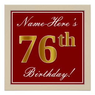 Elegant, Red, Faux Gold 76th Birthday; Custom Name Poster