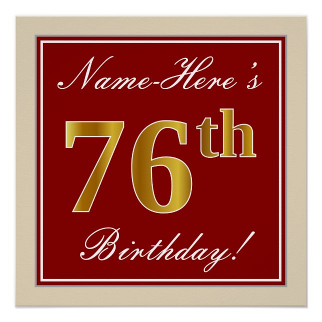 Elegant, Red, Faux Gold 76th Birthday; Custom Name Poster (Front)