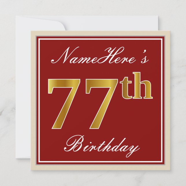 Elegant, Red, Faux Gold 77th Birthday; Custom Name Invitation (Front)